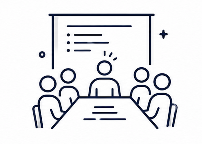 Team meeting around table with presentation board