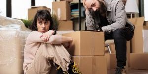 Couple stressed with moving boxes indoors.